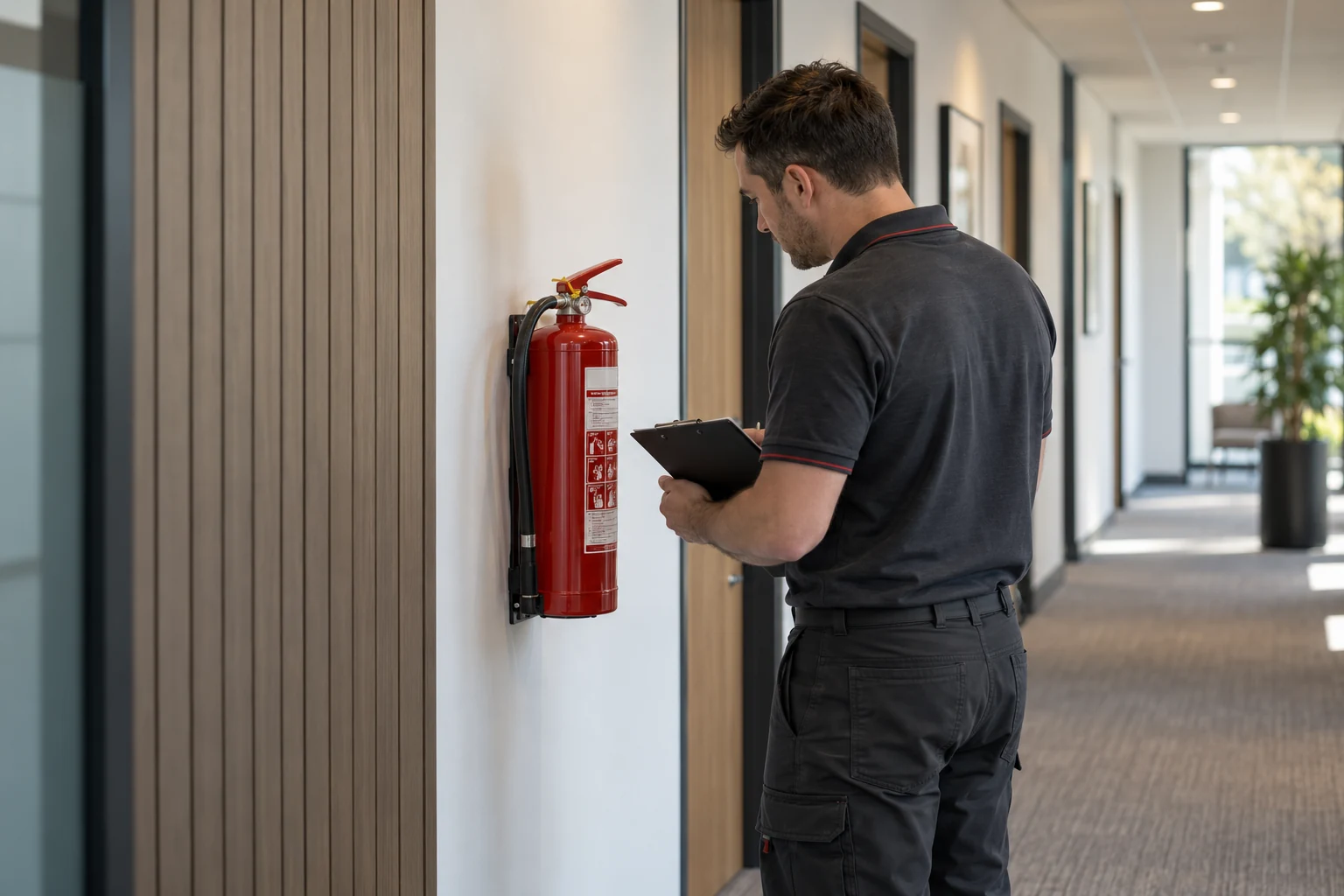 Illustrative engineer reviewing a fire extinguisher service label in a commercial corridor